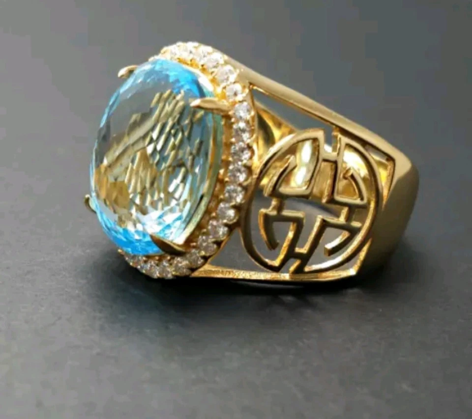 Oval 6.0 Carat Natural Blue Topaz Solid 14k Yellow Gold Ring For Men's #6339 - Image 4 of 4