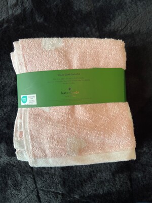 Kate Spade New York Set of 4 Pale Pink White Hearts Cotton Wash Cloths 13x13 NEW