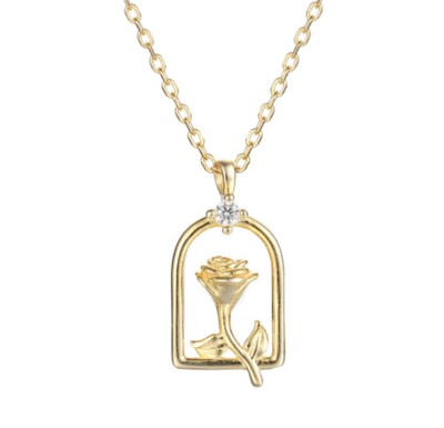Women Girl 925 Sterling Silver Delicate Gold CZ Rose Flower Necklace 16-17.2''