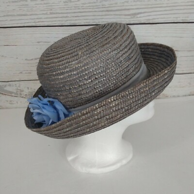 Ladies Bowler Straw Hat Grey w/Blue Stitching Band And Flower