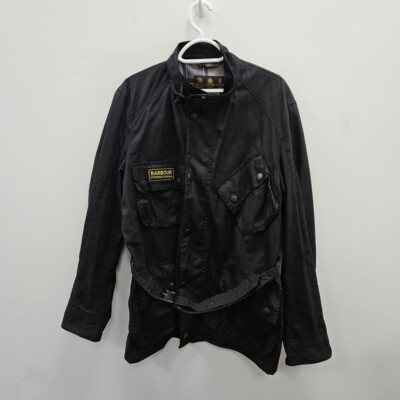 Barbour Trials Wachs wasserdicht schwarz Biker Country Gürtel Jacke Mantel Größe Large