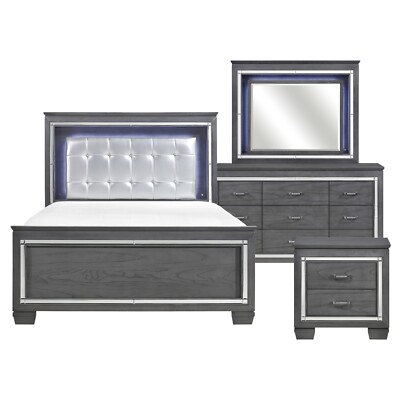GLITZY 4 PC GRAY MIRRORED LED LIGHTS KING BED N/S DRESSER BEDROOM SET