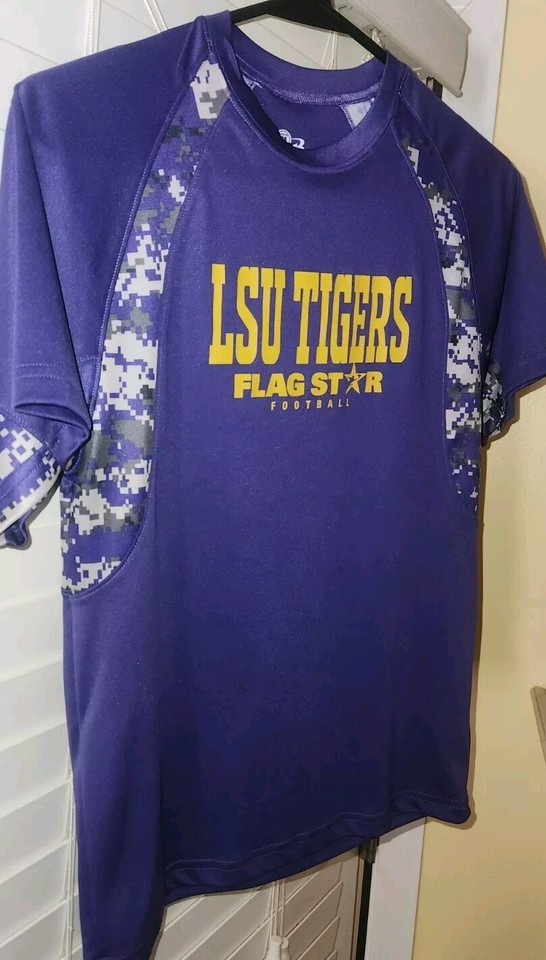 LSU TIGERS flagstar football shirt purple w/digital camo 1 boys MEDIUM
