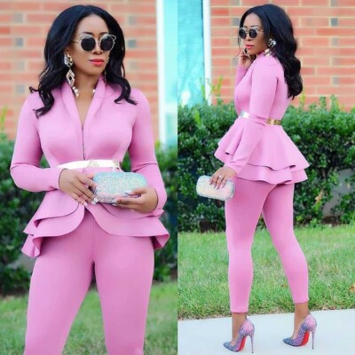 Large-Women's Sexy Long Sleeve Ruffle Red Wine Pant Suit Two Piece Matching  Set | eBay