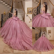 Glitter Tulle Quinceanera Dress With Bow Diamond Beaded Ball Gowns for Girls