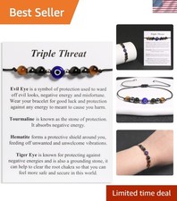 Evil Eye Protection Bracelet - Black Tourmaline  Hematite, Adjustable, Stylish
