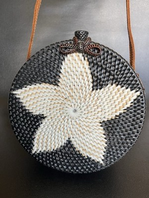 Pink Haley Handmade Bali Round Rattan Summer Bag Leather Strap, Beach Crossbody