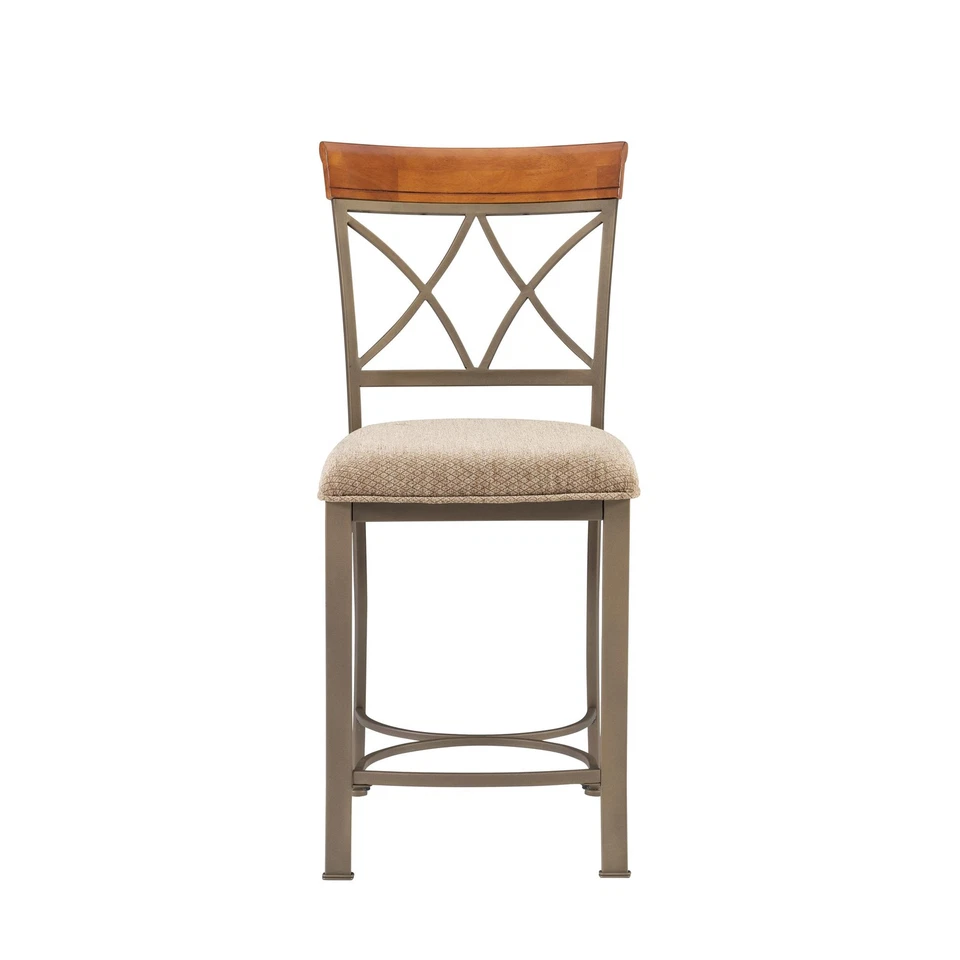 Linon Hamilton Metal Counter Stool Padded Beige Seat Wood Trim in Matte Pewter - Image 2 of 4