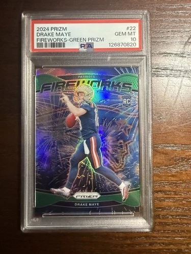 2024 Panini Prizm - Fireworks Drake Maye #22 Green Prizm (RC) PSA 10