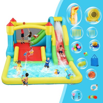 Inflatable Water with 3 Slides Bounce House Splash Pool w/ 550W Blower for Kids