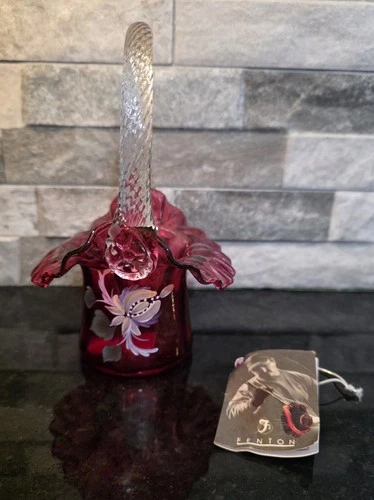 FENTON Hand Painted Signed Limited Edition Cranberry Glass 7"  Basket
