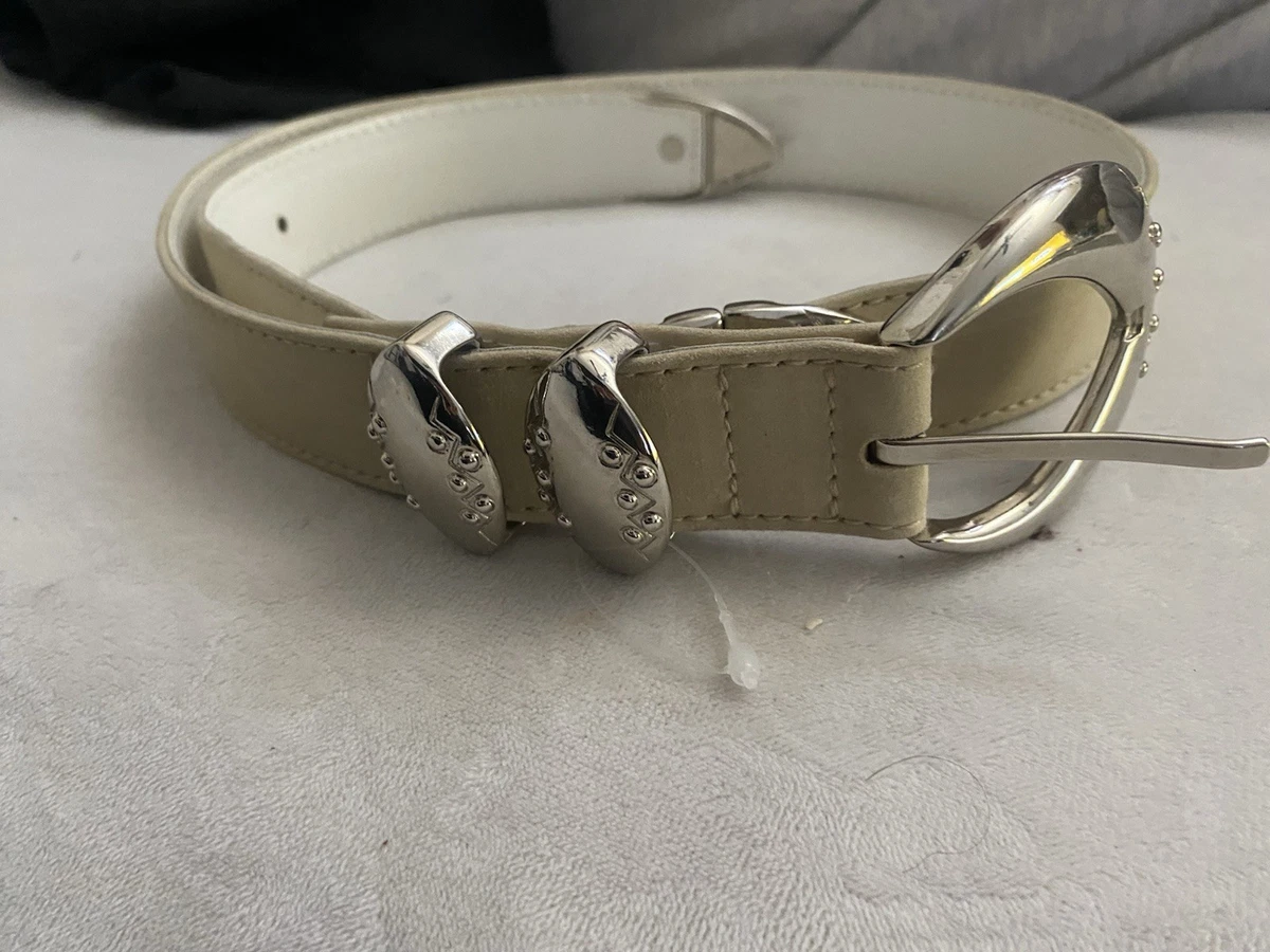 Vintage Escada White Studded Leather Belt with Gold Buckle - Size 36 Escada Vintage 80s Beige Scalloped Cutout Design Nubuck  main image 4