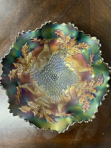 Fenton Stag & Holly Cobalt Blue Ruffled Carnival Glass 10" BowlFooted Excellent