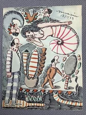 Beautiful Original Drawing by Maurice RAPIN dated 1964 Signed Surrealism Dada Naive Art