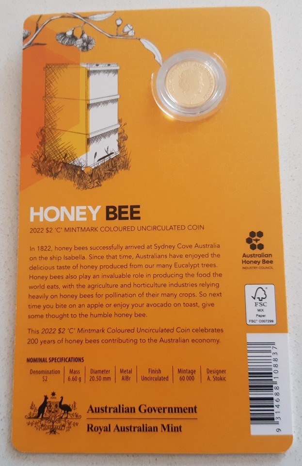 2022 HONEY BEE 2 UNC COLOURED COIN ON CARD 'C' Mint Mark FREE