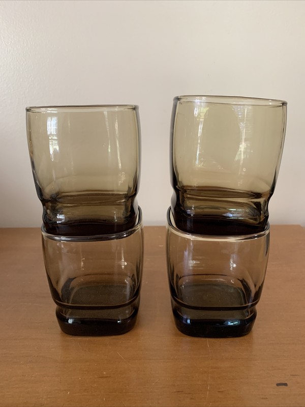 4 Libbey Carrington Tawny Brown Square Rock Glass  Tumblers 3.75 Inch