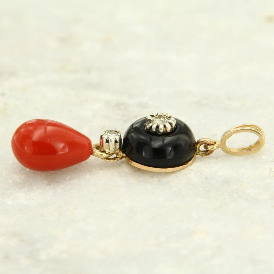 Pendentif en OR Jaune 14 Carats k CORAIL Rouge DIAMANT et ONYX Pierre Naturelle - Photo 3/4
