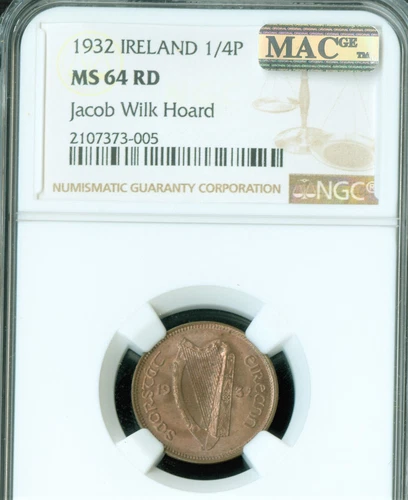 1932 IRELAND 1/4P FARTHING NGC MS64 RD PQ MAC SPOTLESS 1FROM JOCAB WILK HOARD *