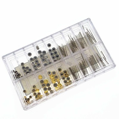 170x gemischtes Gold Silber Uhrenschaft Kronen Reparaturteile Sortiment set Box