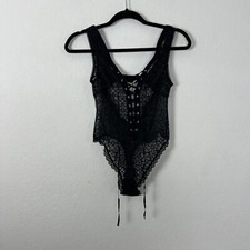 Victorias Secret Dream Angels Sheer Black Lace Up Thong Teddy Bodysuit Small