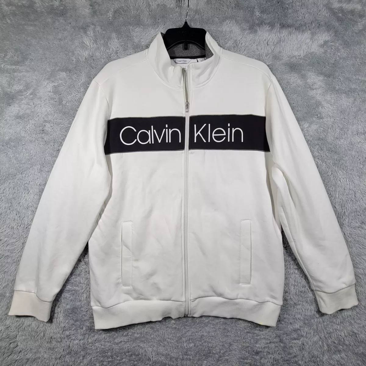 Calvin Klein Jacket Mens XL White Logo Fleece Lined Full Zip Long Sleeve  -flaw