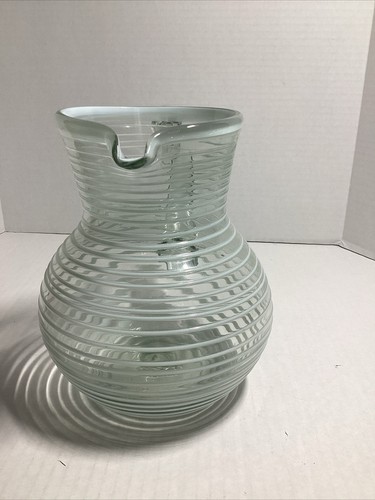 Hand Blown Glass Pitcher, Swirls, 8.5 In Tall, Clear/white, Large, Handle - Picture 2 of 4