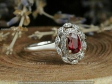 Real 925 Sterling Silver 2.20 CT Oval Cut Lab-Created Ruby Halo Engagement Ring