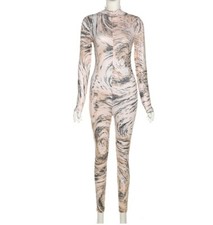 NEW Women printed Stretchy Bodycon Casual Streetwear Zipper Slim Jumpsuit H1