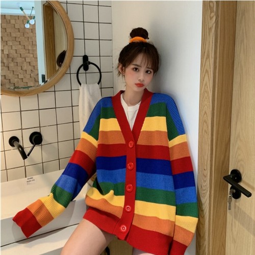 Women Casual Rainbow Striped Knitted 