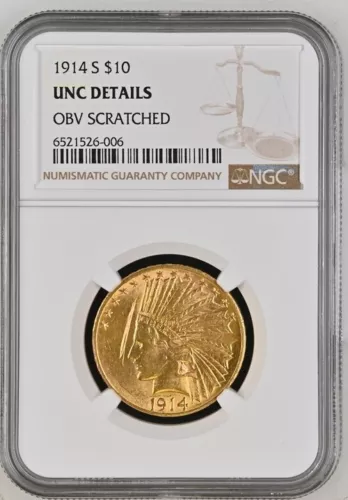 1914-S $10 Indian Gold Eagle NGC-UNC Details OBV. Scratched.