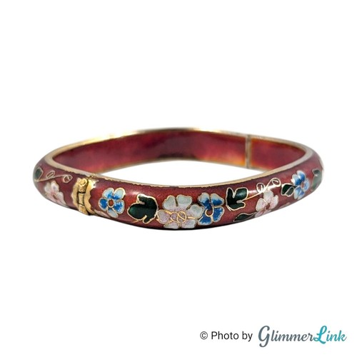 Vintage Square Floral Enamel Cloisonne Hinged Bangle Bracelet - Picture 3 of 8