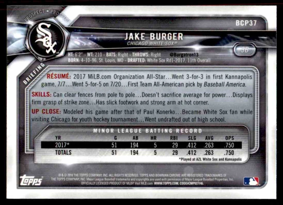 2018 Bowman Chrome Prospects ! Jake Burger Chicago White Sox #BCP37 - Image 2 of 2