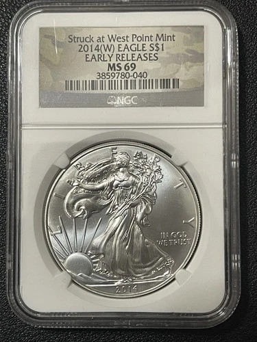 2014-W American Silver Eagle NGC MS69 ER Struck At West Point Cammo Label