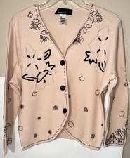 Jones New York Women's Pink Merino Wool Knit Floral Beaded Button Cardigan L