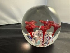 Rare Vintage 1978 Maude And Bob St Clair Art Glass Paperweight Red Flowers