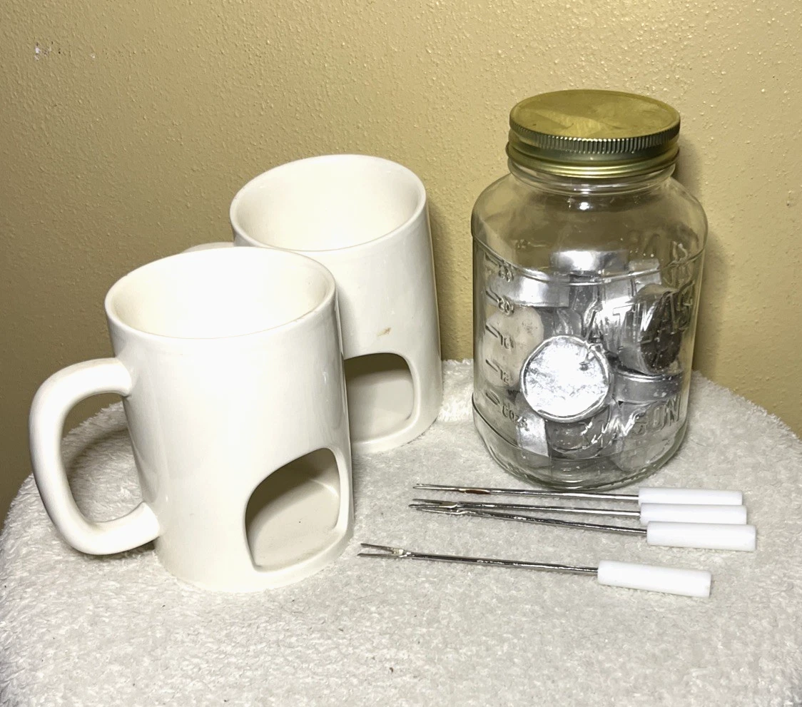 Evelots Fondue for Two Ceramic Mug Set of 2 Mason Jar Skewers Tea Light Candles