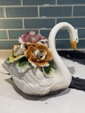 Vintage Capodimonte Floral Bouquet Swan Centerpiece Figurine  N Crown Mark Italy