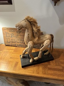 VINTAGE Primitive WOODEN CARVED HORSE JOINTED LEGS ON STAND 16" TALL 