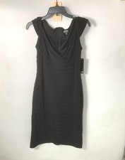 Adrianna Papell Black V-Neck Pleated Cap Sleeve Sheath Dress Size 8