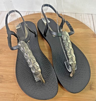 Ipanema Braid Women's Thong Flip Flop Sandals, Rubber Black  Silver Size 7