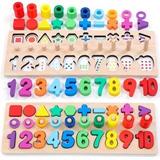 Wooden Montessori Toys for Kids Toddler Number Puzzles Sorter Counting Rainbow