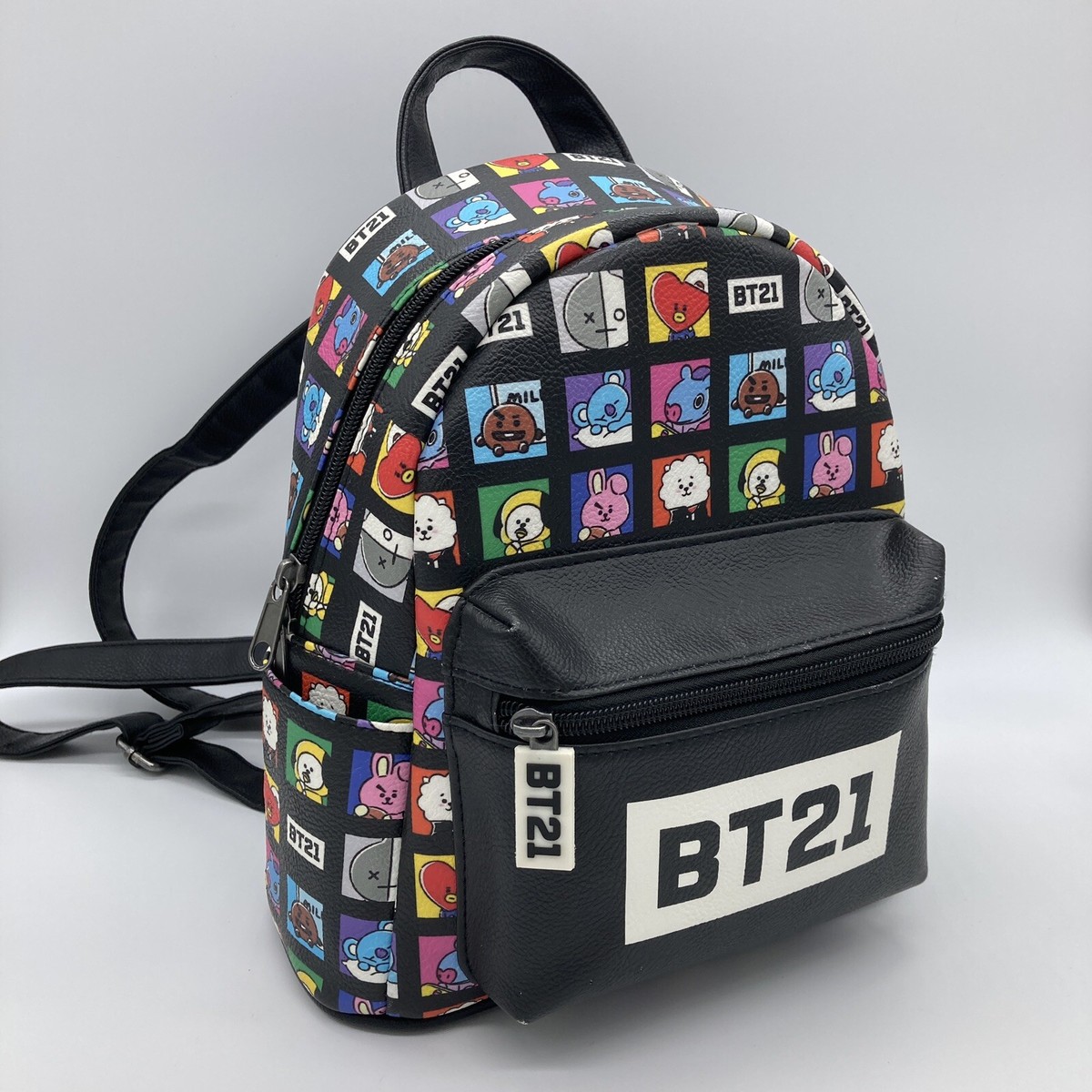 BTS BT21 Small Mini Backpack K Pop Bag Faux Leather Grid Characters