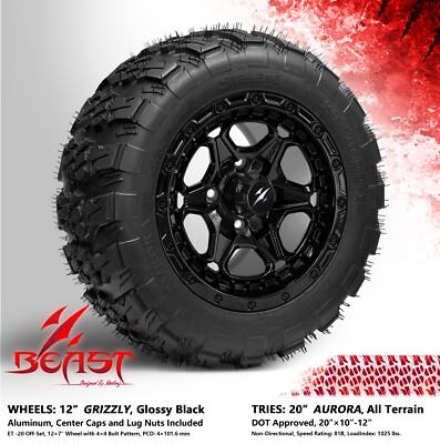 GOLF CART 12'' BLACK 'GRIZZLY' WHEELS and 20'' AURORA HYBRID ALL-TERRAIN DOT TIRES
