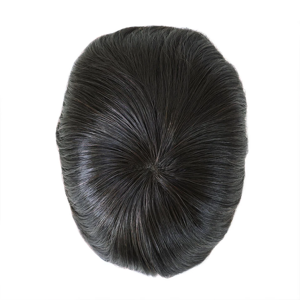 Toupee Para Hombres Cabello Humano Fino Mono Sistema de Reemplazo Pelos Lactos Negro Foto 2 de 4