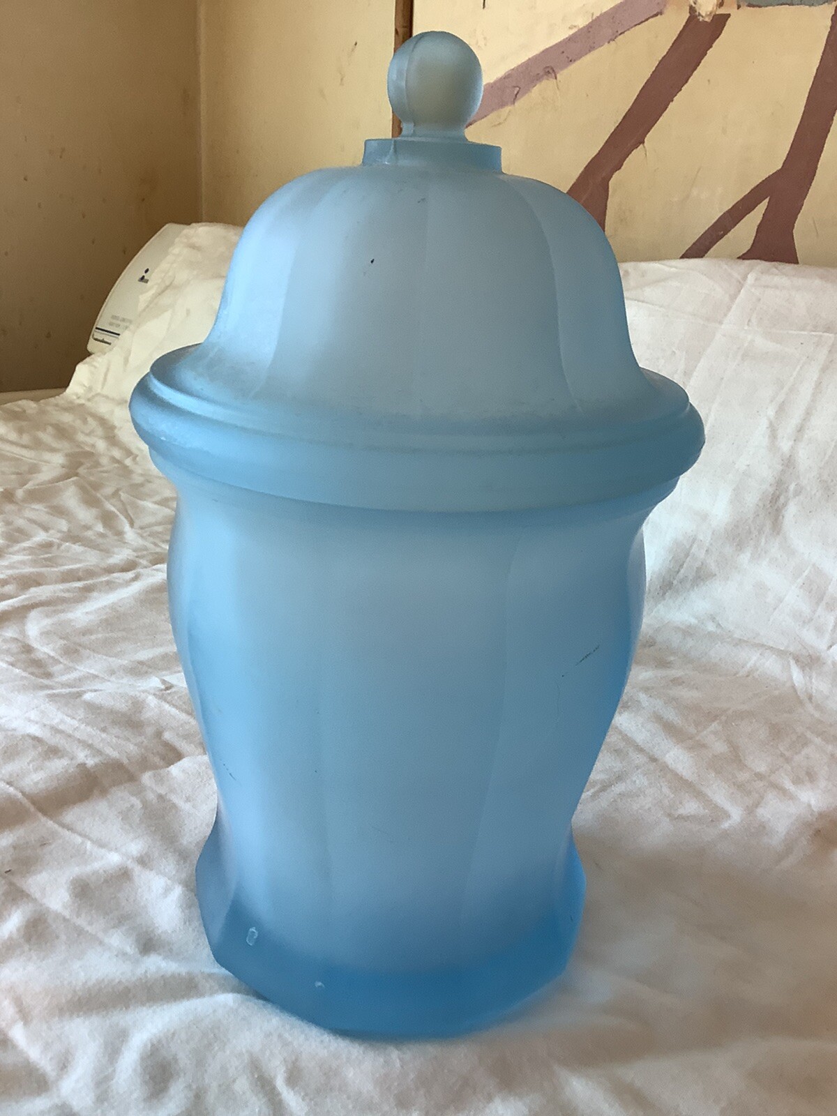 Vintage Indiana Glass Blue SATIN Frosted APOTHECARY JAR w Lid 10" eBay