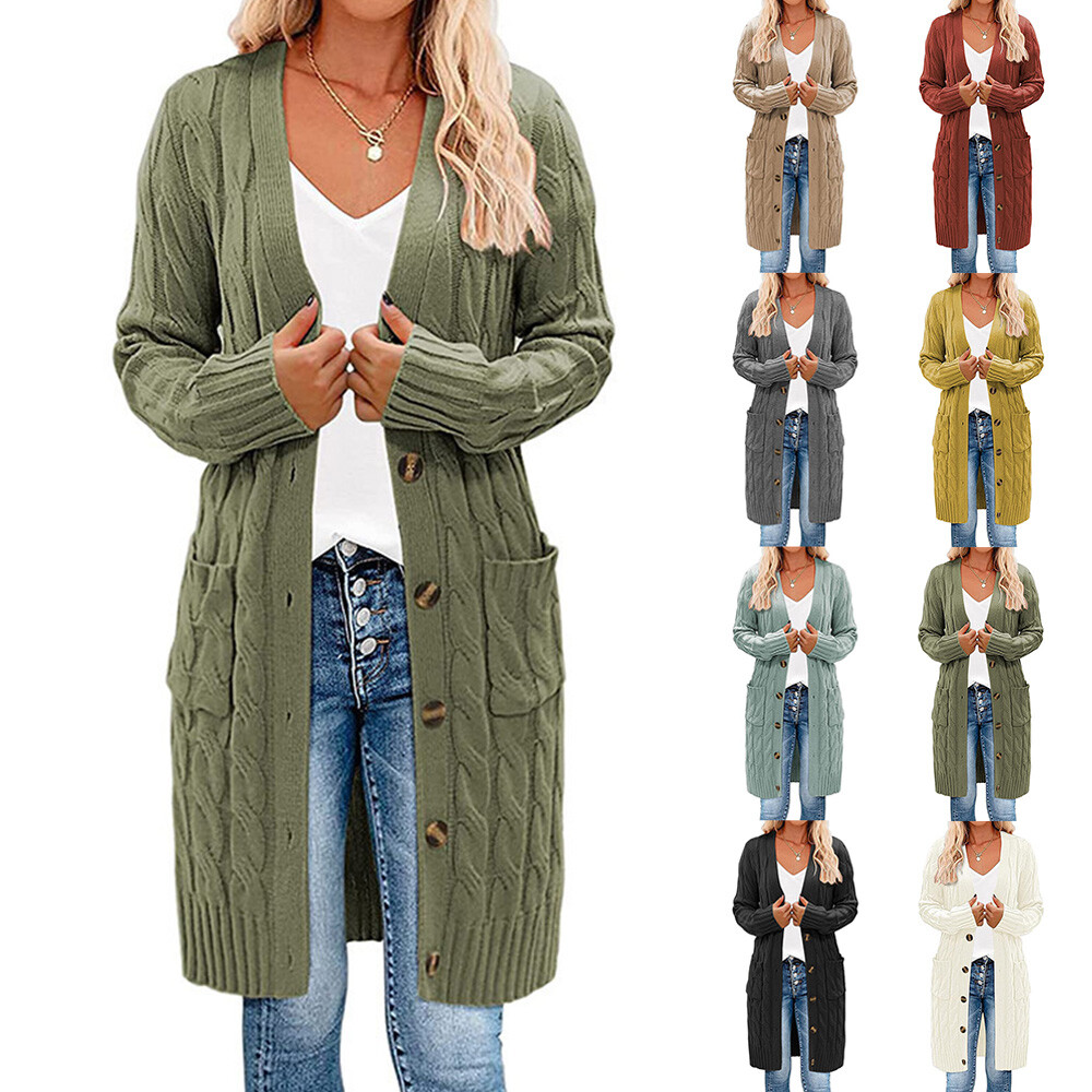 Women Long Sleeve Open Front Cable Knit Cardigan Sweaters Casual Outwear  Pocket | eBay