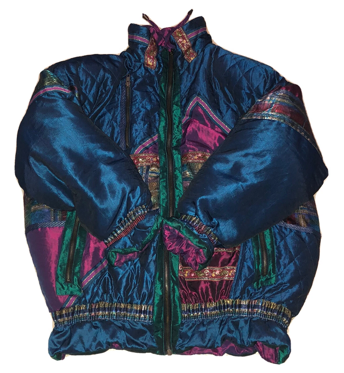 VTG 80s Elco Medium Women s Quilted Puffer Jacket Green Purple