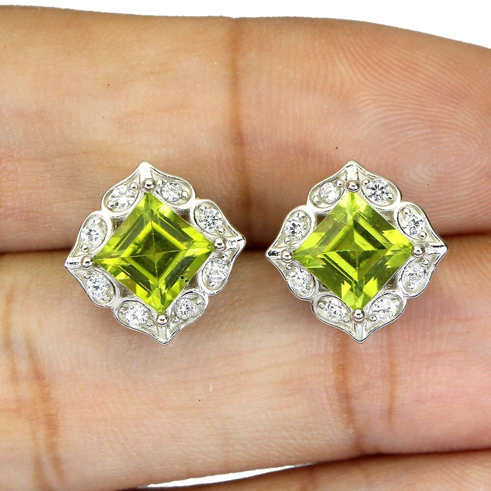 925 Sterling Silver Earrings Square Peridot 6mm Simulated Cz Gemstone Jewelry - Image 2 of 4