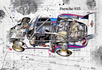 Line Tech Zeichnung Porsche 935 Auto Car Classic Cutaway Kunst Poster Druck