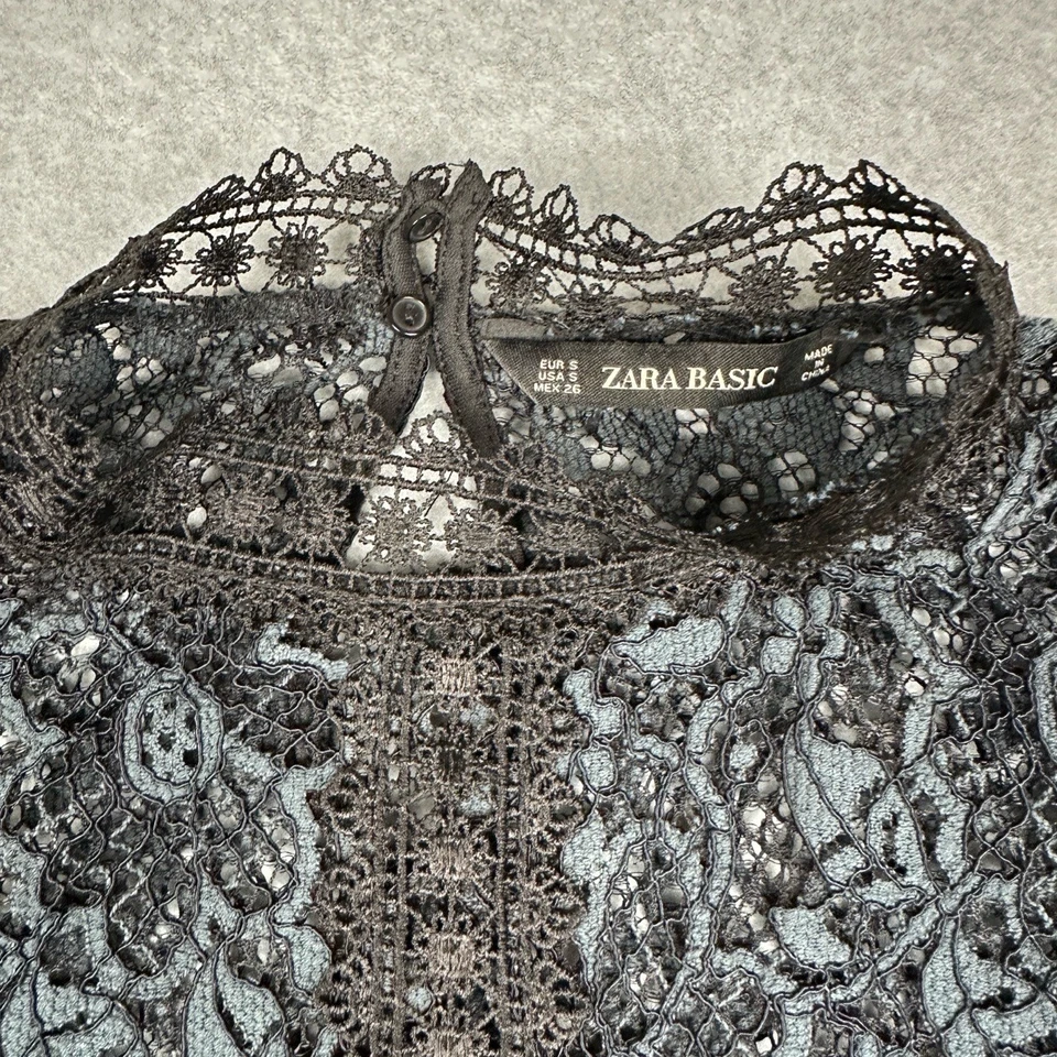 Zara Dress Womens S Black/Green Floral Lace Midi High Neck Ruffle Sleeve - Image 4 of 4